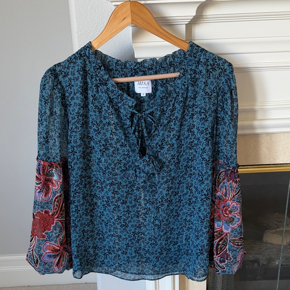 MISA Los Angeles floral print tie-neck blouse. Like new